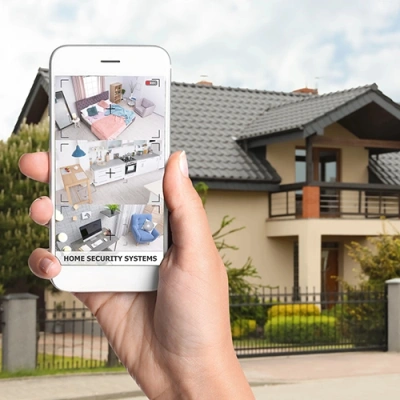 Columbus vivint phone display of cctv live feed in front of a house